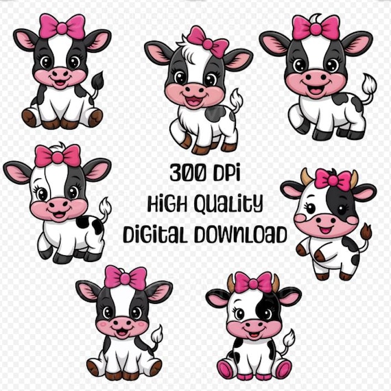 Cute Baby Cow PNG Clipart – Sitting Calf with Bow, 300 DPI Cartoon Farm Animal, Instant Download