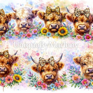 Floral Highland Cow Clipart Baby Girl | Cute Cow PNG | Boho Farm Animal | Nursery Sublimation Design