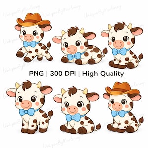 May include: A collection of six cartoon cow illustrations. The cows are white with brown spots, wearing blue bow ties, and some have brown cowboy hats. The text "PNG | 300 DPI | High Quality" is also present.