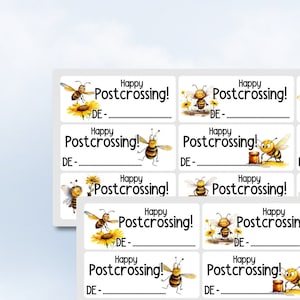 Happy Postcrossing Sticker süße verrückte Bienen Bienenkönigin schwarz gelb Frühling deutsche ID Stickerbogen Easy Peel Off Sticker Sheet