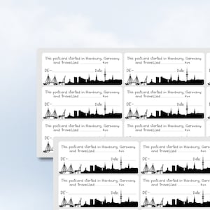 Postcrossing Sticker Hamburg Hansestadt Silhouette Skyline deutsche ID zurückgelegte km Datum Stickerbogen Easy Peel Off Sticker Sheet