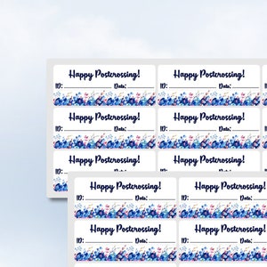 Happy Postcrossing Sticker mit blauen Blüten Blumen deutsche ID Datum Postcrossing Stickerbogen Easy Peel Off Sticker Sheet