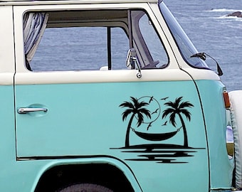 Palm trees, beach, hammock, sticker, car, camper van, longing, vacation, van life