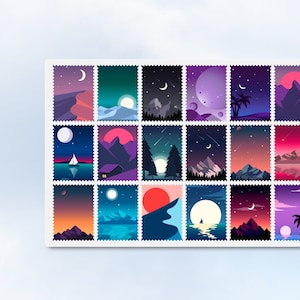 Sticker Moonlight Mond Sterne Nacht Postcrossing gezähnt  wie Briefmarken Bullet Journal Planner Stickerbogen Easy Peel Off Sticker Sheet