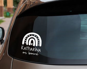 Car sticker "Baby on Board" with personalized name, rainbow with hearts