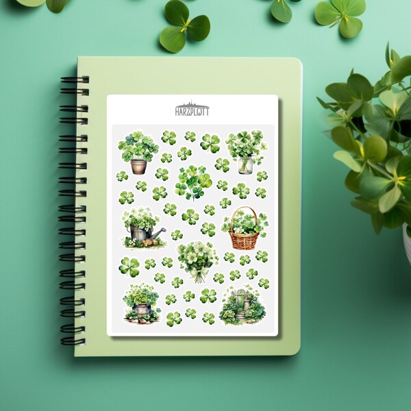 Sticker Clover Leaves Good Luck St. Patrick's Day Clover Leaf Lucky Charm Watercolor Sticker Sheet A6 Easy Peel Off Sticker Sheet