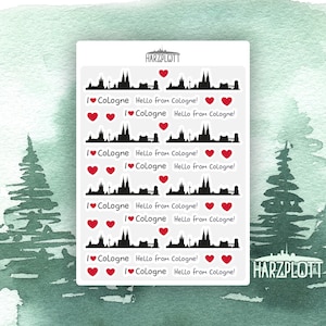 Stickerbogen Hello from Cologne I love Cologne Silhouette Skyline Köln, Easy Peel Off A6 Sticker Sheet