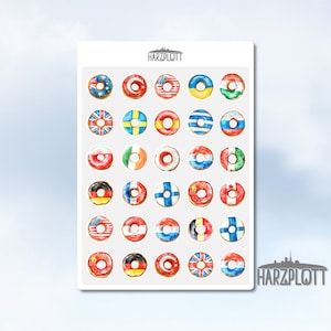 Sticker Donuts international buntes Flaggen Motiv verschiedene Länder Bullet Journal Planner Stickerbogen A6 Easy Peel Off Sticker Sheet