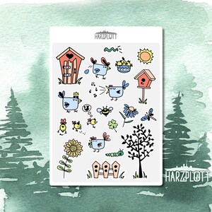 Sticker Frühling Frühjahr lustige Vögel Bienen Küken Ostern Bullet Journal Planner Stickerbogen A6 Easy Peel Off Sticker Sheet
