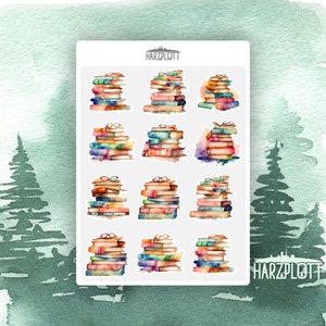 Stickerbogen  Bücher Stapel  Watercolor A6 Easy Peel Off Sticker Sheet