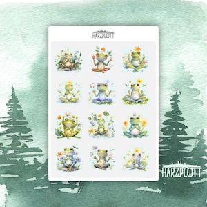 Stickerbogen süße Frösche Yoga Ohm Blätter Blüten Easy Peel Off A6 Sticker Sheet