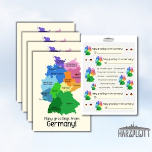 Postcrossing Starter Set Postkarte Sticker Greetings from Germany Deutschlandkarte Orte Pin Happy Postcrossing für Anfänger A6 Stickerbogen