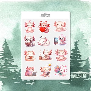 Sticker süße Axolotl Schwanzlurch Lurch Aquarium seltene Tiere Tierfreund Bullet Journal Planner Stickerbogen A6 Easy Peel Off Sticker Sheet