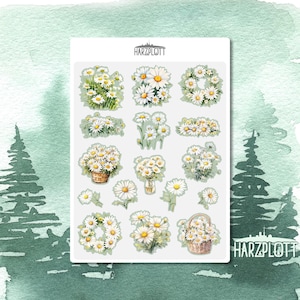 Sticker Gänseblümchen Blüten Wiesenblume Gartenfreund Bullet Journal Planner Stickerbogen A6 Easy Peel Off Sticker Sheet