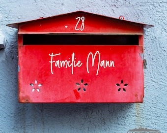 Personalized mailbox nameplate sticker/decal for family name, house number, various colors, and lettering.