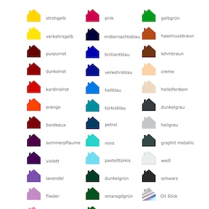 May include: A color chart featuring a variety of hues, each represented by a house icon and a corresponding German color name. Colors range from yellow and pink to green and blue, with text in German.