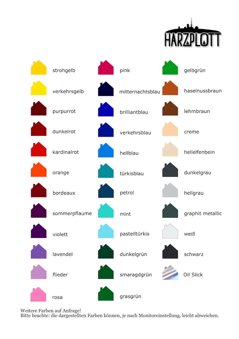 May include: A color chart featuring a variety of hues, each represented by a house icon and a corresponding German color name. Colors range from yellow and pink to green and blue, with text in German.