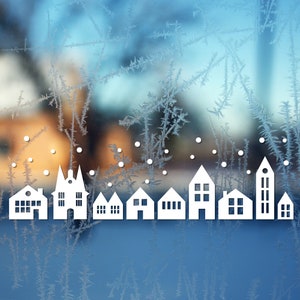 Fensterdeko Aufkleber Häuser Winterdorf im Scandi Style Schnee Silhouetten Häuserreihe Weihnachtsdeko Winterhäuschen Adventszauber
