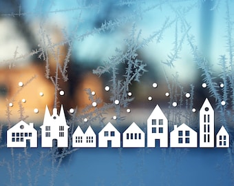 Fensterdeko Aufkleber Häuser Winterdorf im Scandi Style Schnee Silhouetten Häuserreihe Weihnachtsdeko Winterhäuschen Adventszauber Geschenk