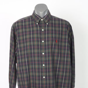 Ralph Lauren Men&#39;s Navy, Green and Red Check Designer Vintage Shirt, Size L
