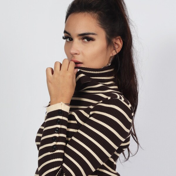 Brown Ribbed-Knit Turtleneck