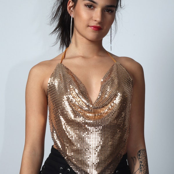 Size S-M Disco Halter Top / Sexy Gold Glomesh / Studio 54 Party / Bachelorette Mesh Sequins, Halston, 70s 80s Rave NYC Glam Costume