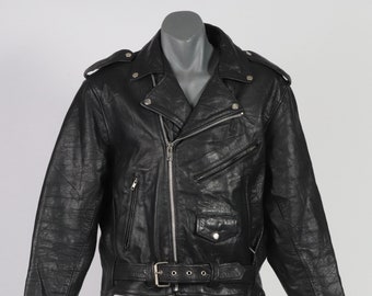 May include: Black leather motorcycle jacket with a zipper closure, two front pockets, and a belt at the waist.