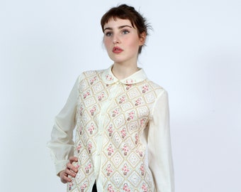 Silk Embroidered Blouse / Smocked Plisse Front