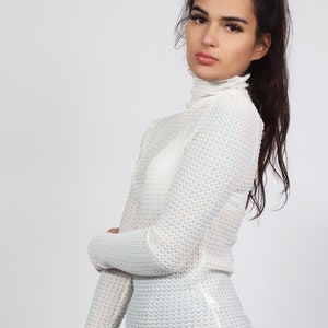 Elegant White Crinkle Crepe Stretch Mock Neck Top, Versatile, Size S-M