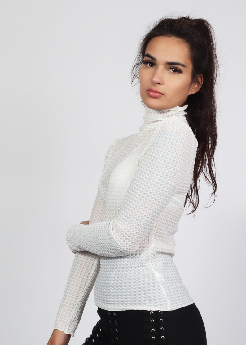 Elegant White Crinkle Crepe Stretch Mock Neck Top, Versatile, Size S-M
