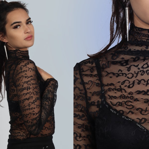 Lace Sheer / Black Mock Neck Top /Scribble / Gothic / Punk / Haute Couture /