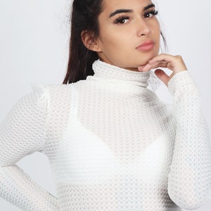 May include: A white, long-sleeved, mesh turtleneck top with a subtle honeycomb pattern.