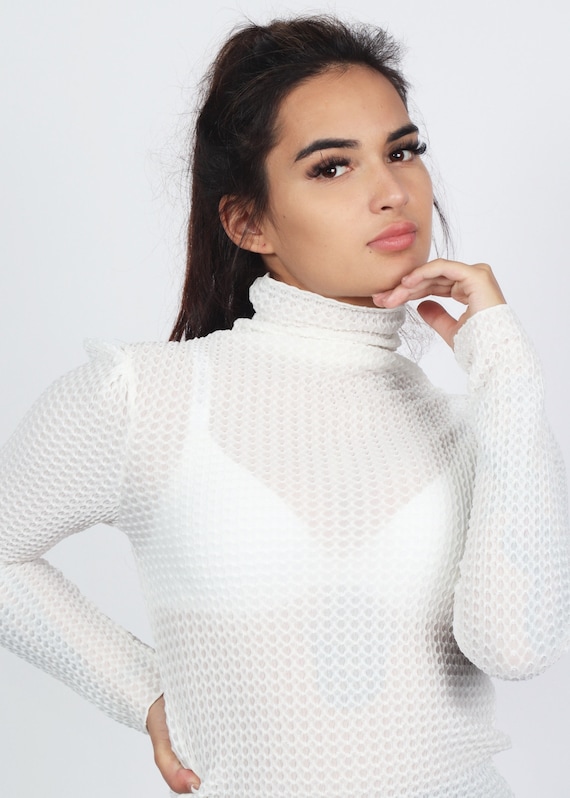 Elegant White Crinkle Crepe Stretch Mock Neck Top, Versatile, Size S-M