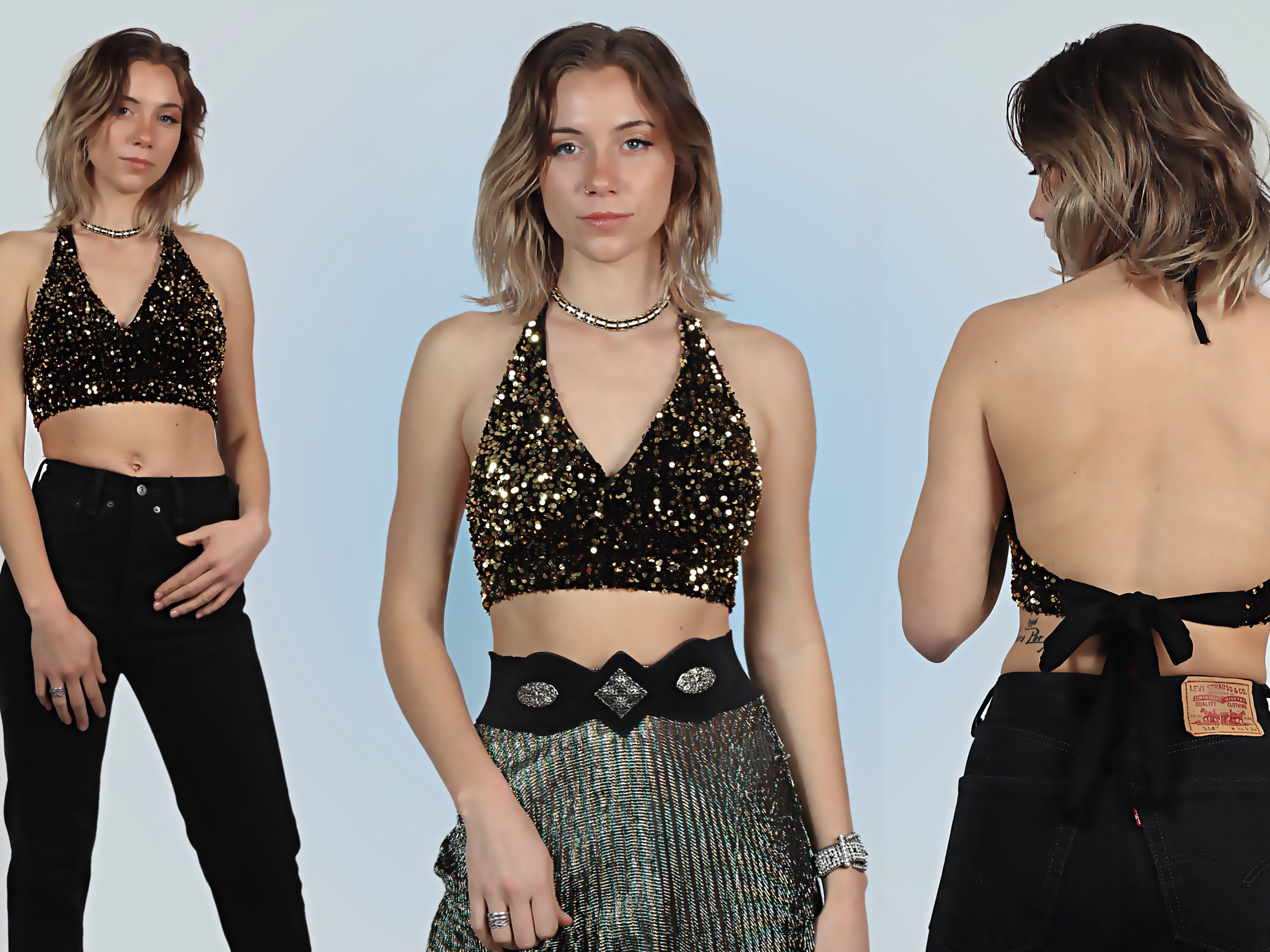 Halter Top / Disco Bachelorette Party / Y2K Gold Black Sequins