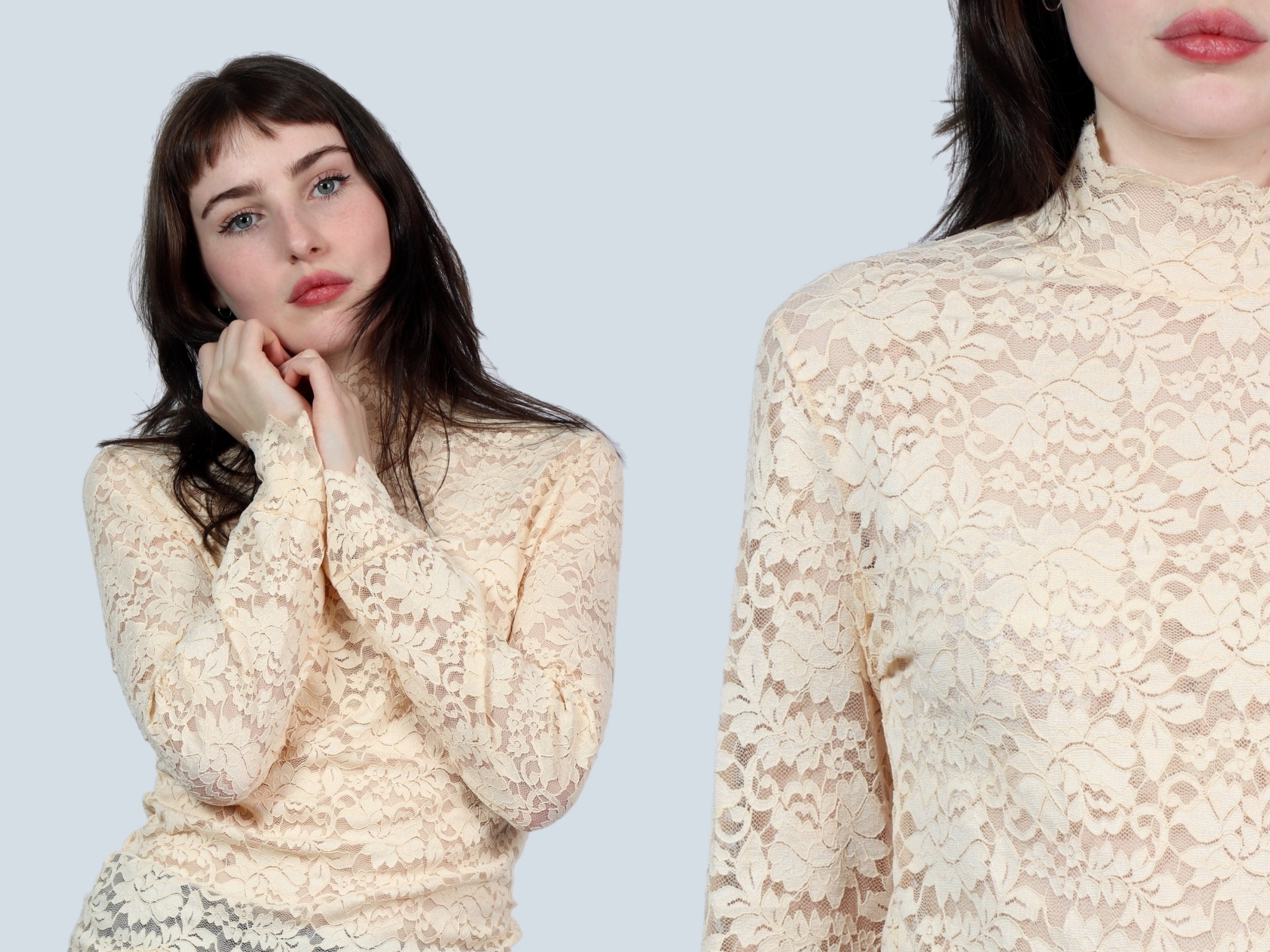Cream Chantilly Lace Top / Mock Neck / Gift for Her / Stretchy 