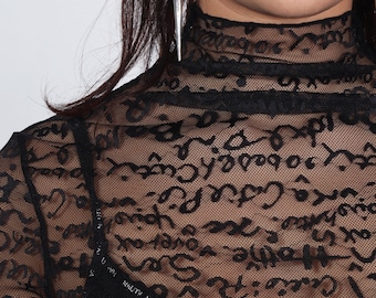 Lace Sheer / Black Mock Neck Top /Scribble / Gothic / Punk / Haute Couture /