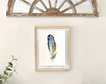 Patterned Feather Watercolor Painting, home decor, wall art, geometric art, boho style