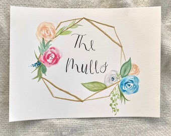 Custom Watercolor Floral Framed Name - Geometric Floral Border Custom Name