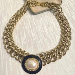 Vintage Runway Statement Necklace, Gold Chain Faux Pearl Pendant, 1980s Glamour Jewellery