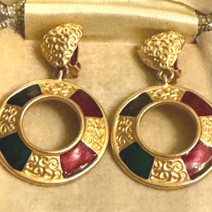 Vintage Anne Klein Clip On Earrings: Gold Plated Enamel Statement Jewelry