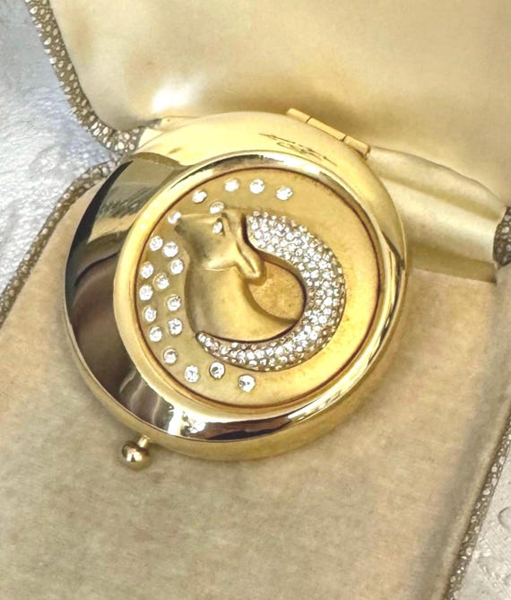 Vintage Estée Lauder Aries Zodiac Crystal Ram Compact, Gold Tone Vanity Mirror