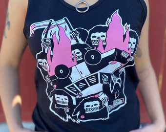 May include: Black tank top with a graphic print of a van on fire with skeletons surrounding it. The van has a pink flame design and the skeletons are wearing black robes.