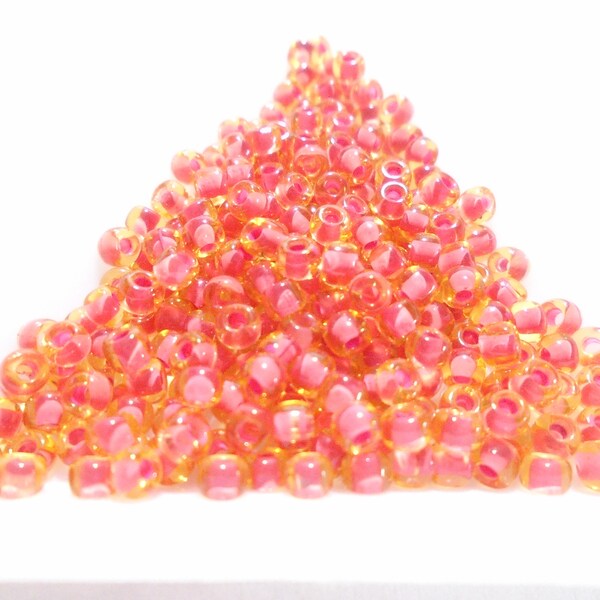 Seed Bead, Glass, #8, Round, Translucent, Inside Color, Fuchsia, Dyna-Mites, 10 grams