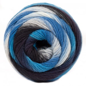 May include: A ball of yarn in shades of blue, grey, and black. The yarn is wound into a tight ball, with the ends of the yarn visible.
