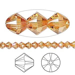 May include: A strand of amber-colored crystal beads with a faceted, teardrop shape. The beads are strung on a clear thread and are approximately 4mm in diameter.
