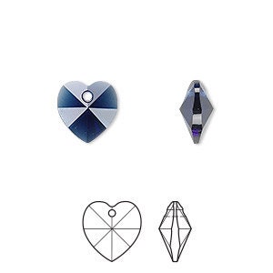 Drop, Charm, Pendant, Heart, Faceted, Crystal Passions®,  (6228), Dark Indigo, 10mmx10mm, 2 heart