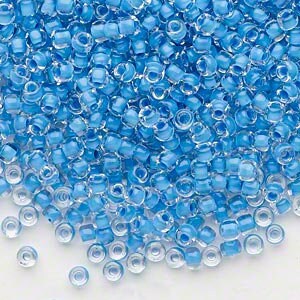 Perline di semi, vetro, #8, rotondo, traslucido, colore interno, blu acqua, acari Dyna, 10 grammi