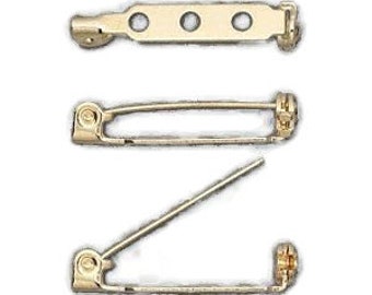 Pin back, locking bar, gold-plated steel, 1-inch, 10 pins