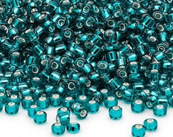 Seed Bead, Glass, #8, Round, Silver Lined, Translucent, Teal Blue, Dyna-Mites, 10 grams