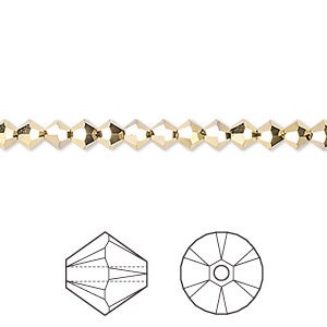 May include: A strand of gold-colored faceted glass beads. Each bead is a square shape with a pointed top and bottom.